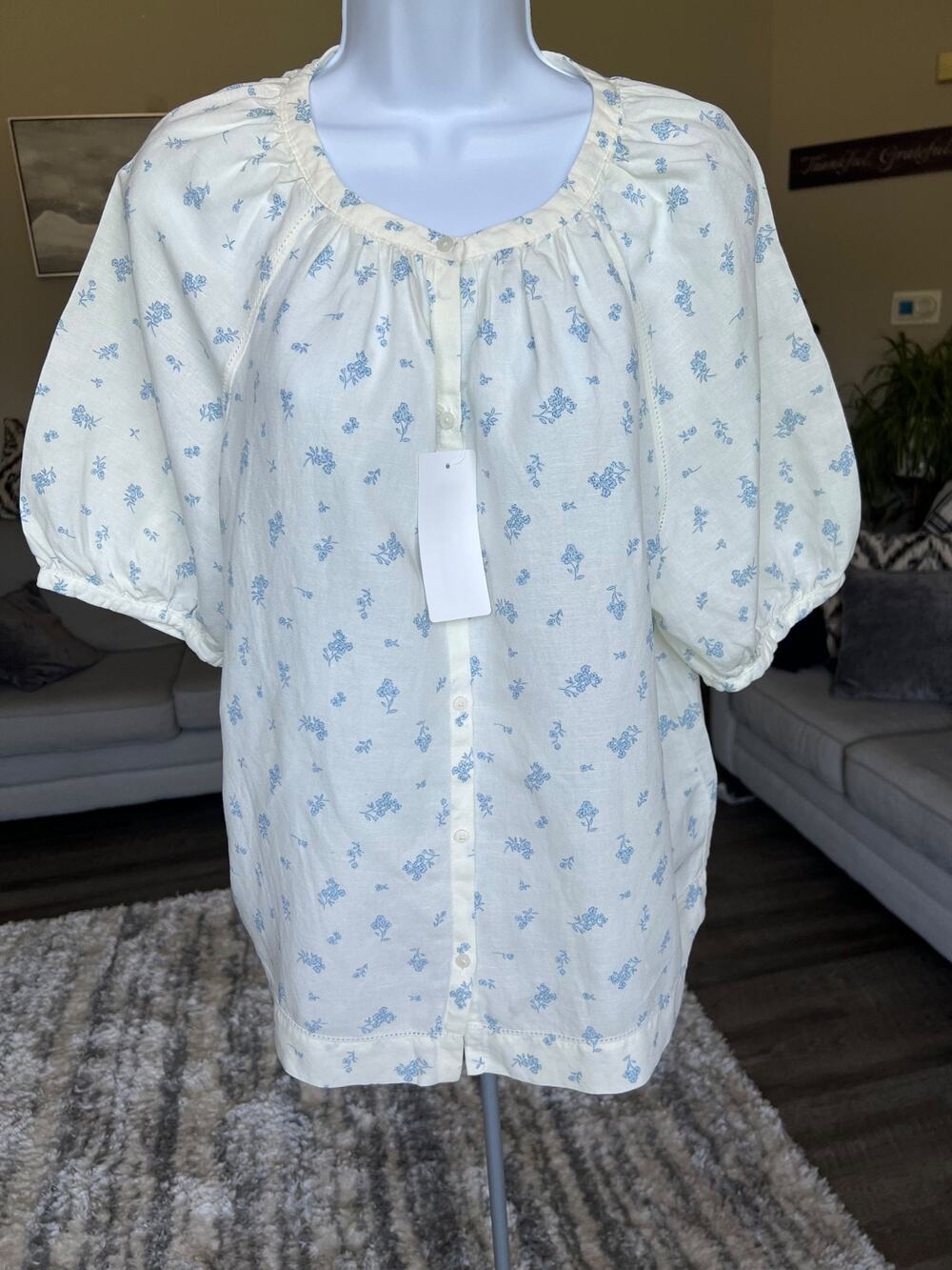 UNIQLO Linen Blend Puff Sleeve Blouse XL Blue Ditsy Floral Print Cottage #807
